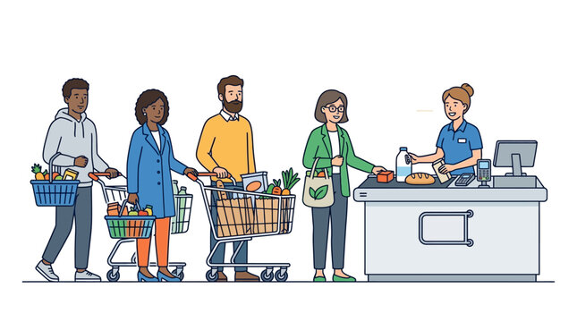 Illustration of diverse people queuing at a supermarket checkout counter with shopping carts and bags