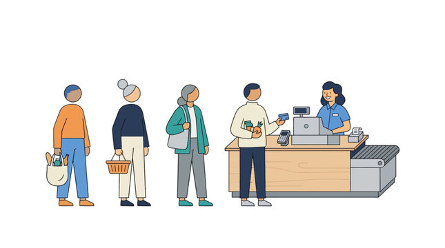 Diverse group of customers patiently waiting in line at a supermarket checkout counter, interacting with a friendly cashier during a typical shopping experience