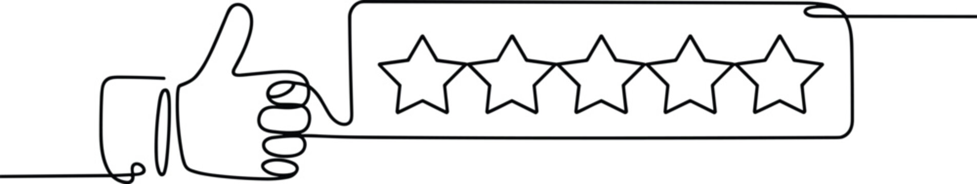 Minimalist continuous line art of a thumbs up and five star rating showing high satisfaction in bright studio lighting setup.