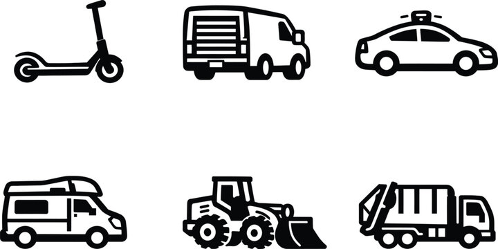 Urban transportation and construction vehicle icons line set