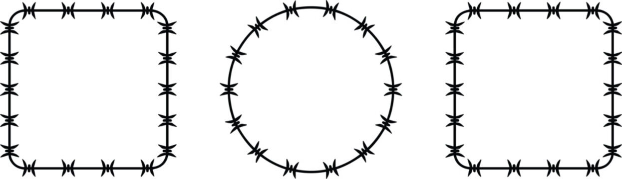 Three sharp black barbed wire frames in circle and square shapes provide a professional silhouette for security and defense motifs.