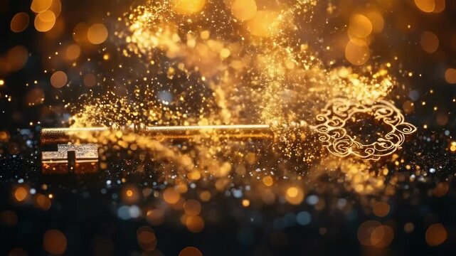 Antique golden key with intricate design amidst sparkling lights on dark background. The concept of mysticism, astrology, fortune-telling, shamanism, tarot, seers, clairvoyants