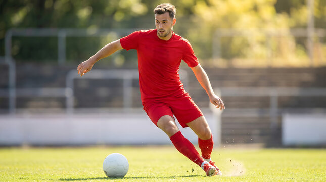 Dynamic action shot of a football midfielder turning quickly with a soccer ball on a sunny pitch.