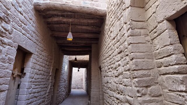 A labyrinth of narrow mud-brick alleys in AlUla Old Town in Saudi Arabia, framed by wooden beams and ancient stone walls, showcasing authentic Arabian desert heritage.