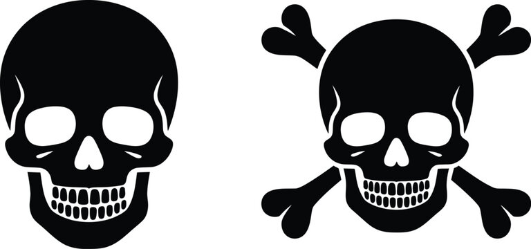 Skull, and crossbones icon, black hazard symbol representing poison danger death and safety warning graphics.