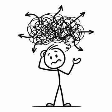 Stick figure with confused expression and chaotic thoughts.