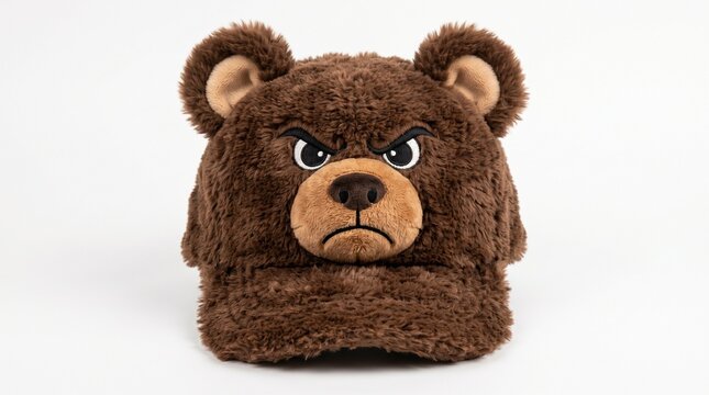Plush brown bear cap with an angry facial expression isolated on white background
