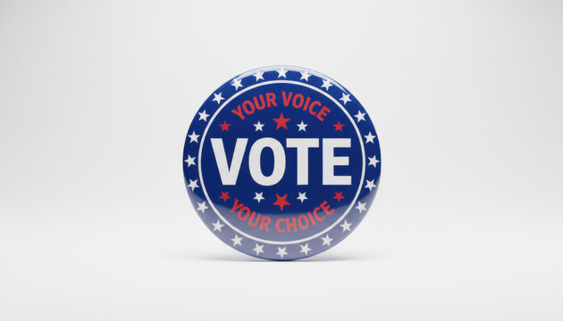 Democratic election campaign button badge with vote text on blue background with white stars and patriotic red accents