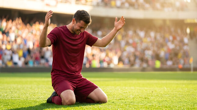 Celebratory shot of a football player dropping to their knees in joy on the grass pitch in a maroon kit.
