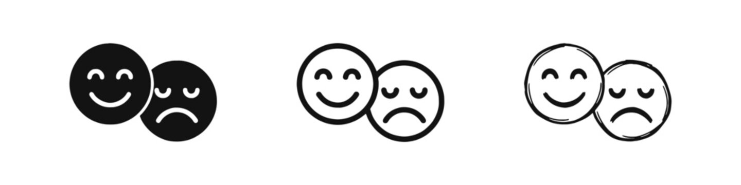 Happy and sad face emoji icon set for customer feedback