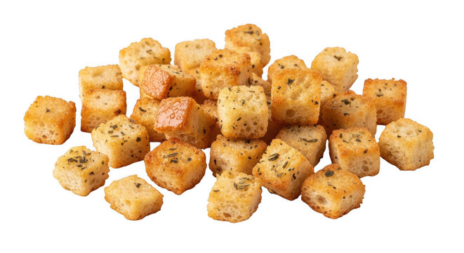 A pile of golden brown, toasted bread croutons seasoned with dried herbs, isolated against a solid black background