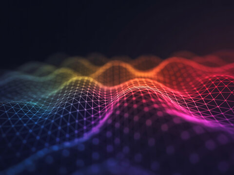 Abstract wavy grid in vibrant rainbow colors representing data flow and technology.