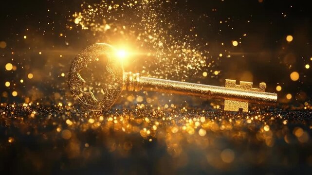 Golden key shining among glowing particles in sparkling surroundings. The concept of mysticism, astrology, fortune-telling, shamanism, tarot, seers, clairvoyants