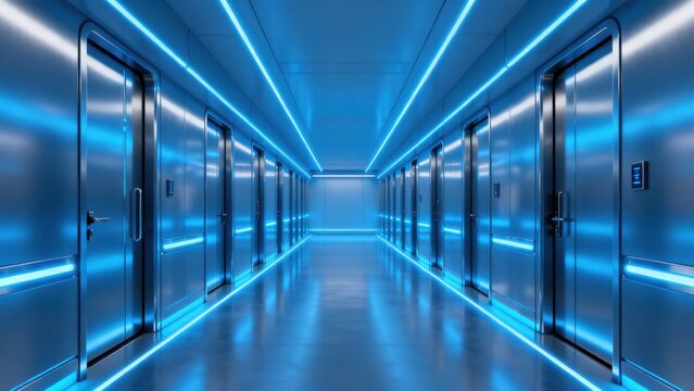 Futuristic corridor with blue neon lights