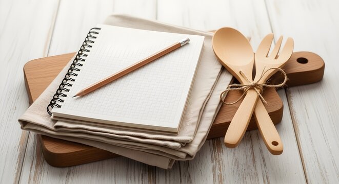 A spiral notebook with a pencil on top of a folded cloth napkin, placed on a wooden cutting board with a wooden spoon and fork tied together
