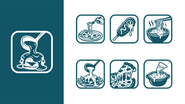 Minimalist vector icons set of dishes with melting and pouring cheese