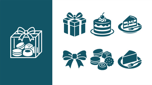 Bakery and gift box icon set. Flat vector illustrations of cakes, sweets, and presents.
