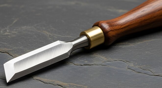 Close-up of a sharp wood chisel with a wooden handle on a dark surface.