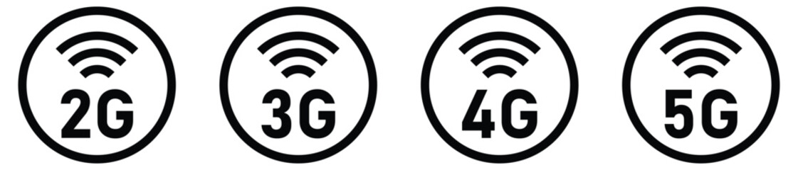 Fototapeta premium Collection of modern mobile network technology icons featuring 2G 3G 4G and 5G symbols for telecommunications concept design