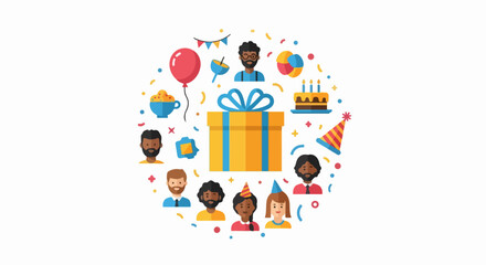 Naklejka premium Colorful Birthday Celebration Vector Illustration with Diverse People Avatars, Gift Box, Cake, and Party Icons on White Background