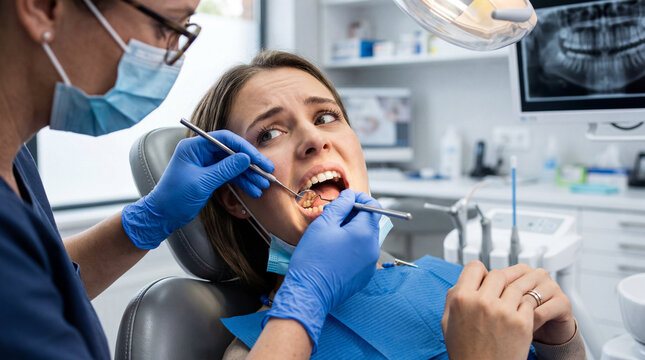 Stressed female patient receiving a professional dental examination