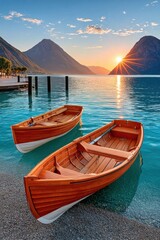 Obraz premium Two wooden rowboats moored on a tranquil mountain lake at sunrise with distant peaks