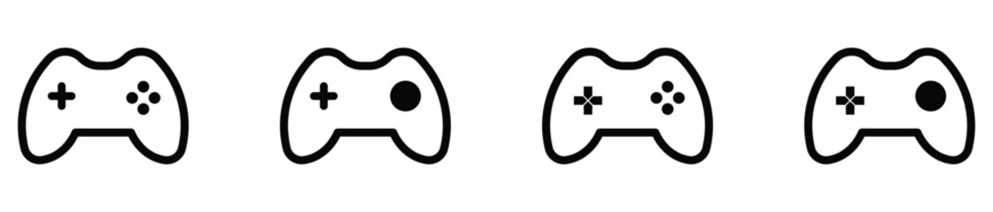 Four minimalist black outline video game controller icons with various button layouts for digital entertainment technology © Tanvir Khan