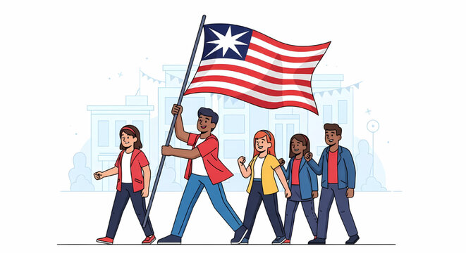 Diverse Group of People Marching with Flag