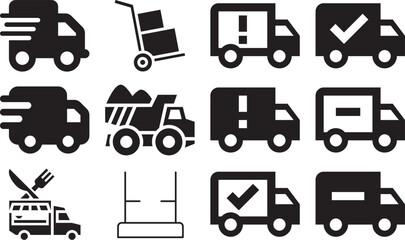 Collection of black vector icons representing various delivery trucks and logistical vehicles on a white background © Shishir