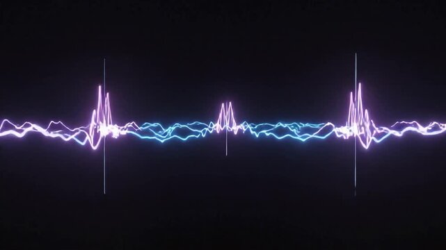 Pulsing neon wave growing centerbar and spikes in dark void, audio beats driving cyan-magenta glow