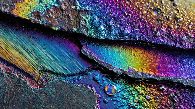 Abstract close-up of layered cracked metal surfaces with a vibrant rainbow oil slick sheen