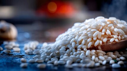 Obraz premium Creamy Risotto Rice Texture Close-Up on Wooden Spoon with Sprinkled Grains and Soft Background Bokeh Effect