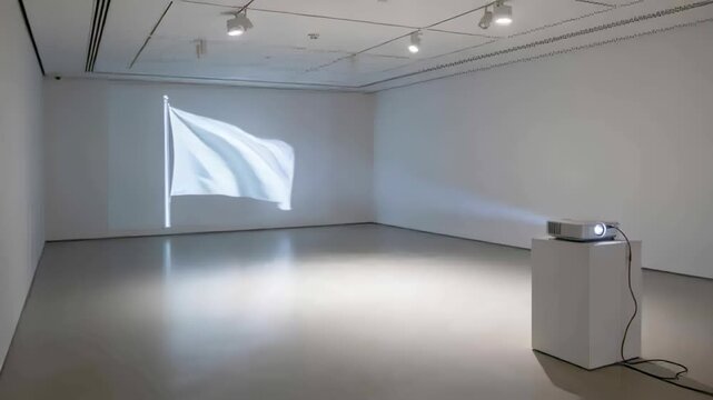 Projecting projector on plinth turning lamp on, casting rippling white flag in gallery exhibit
