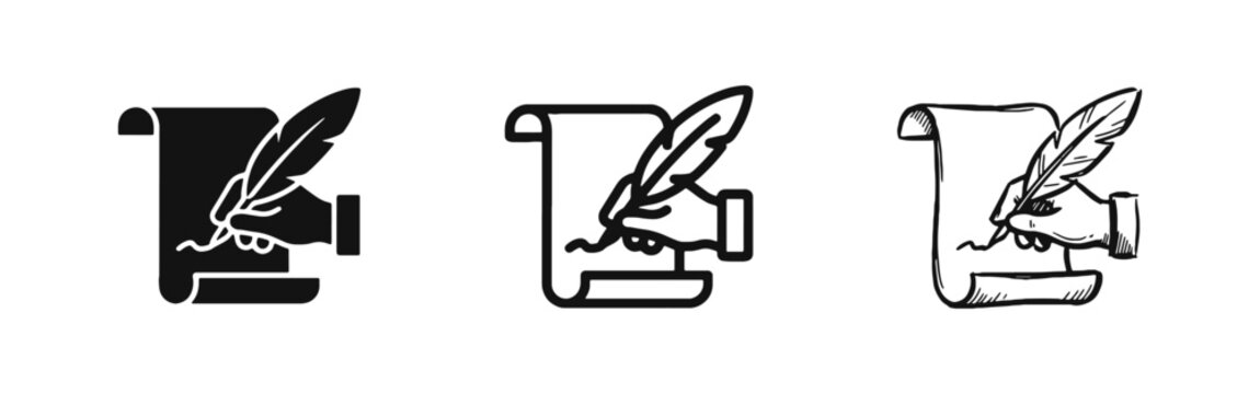 Historical Document and Legal Signature Icon Set with Hand and Quill Pen