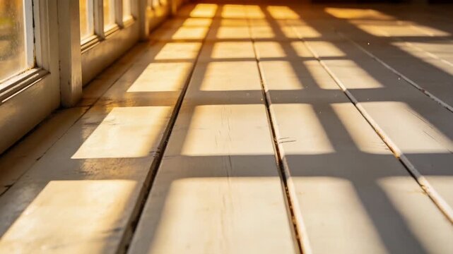Casting left sunlight creating shadow grid across painted floorboards through multi-pane window