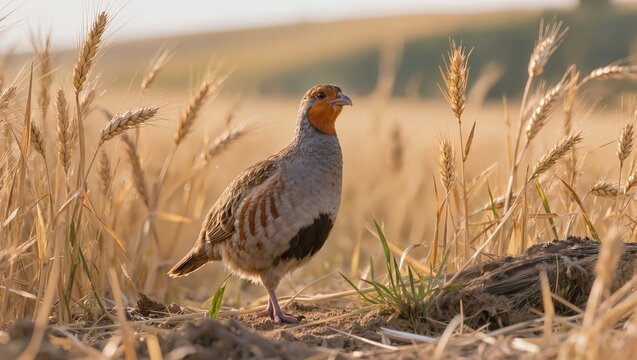 Wild grey partridge standing alert in its natural meadow habitat