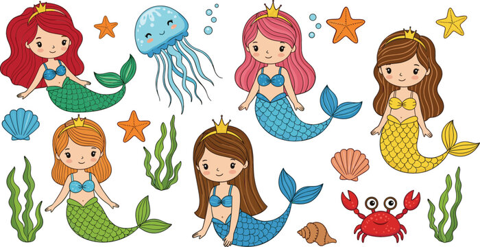 Vector set of cute little mermaid princesses and under the sea sea creatures like jellyfish, crab, starfish, and seaweed, isolated on a white background.
