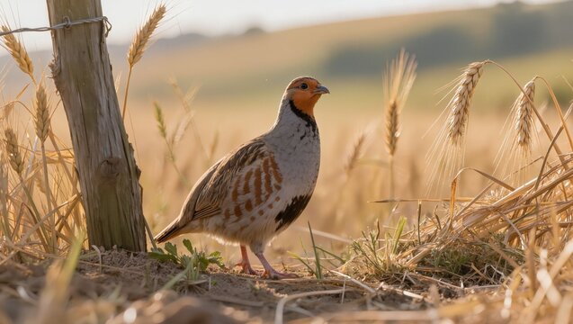 Wild grey partridge standing alert in its natural meadow habitat