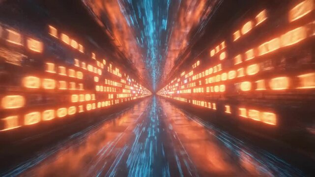 Futuristic digital data tunnel with glowing orange and blue codes