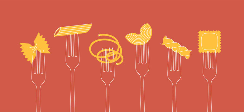 Italian pasta types spaghetti, penne, farfalle, macaroni, ravioli, rigatoni and fusilli food set drawing on red background
