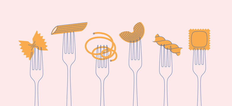 Italian pasta types spaghetti, penne, farfalle, macaroni, ravioli, rigatoni and fusilli food set drawing on light background