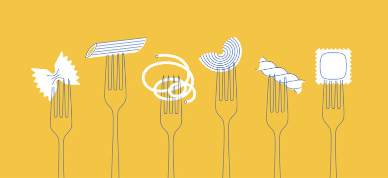 Italian pasta types spaghetti, penne, farfalle, macaroni, ravioli, rigatoni and fusilli food set drawing on yellow background
