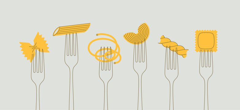 Italian pasta types spaghetti, penne, farfalle, macaroni, ravioli, rigatoni and fusilli food set drawing on grey background
