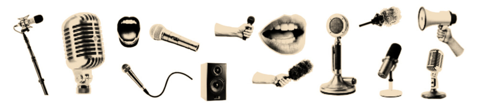 Podcast halftone cutout set. Microphone stickers for pop art collage.