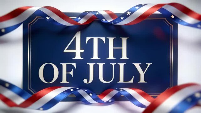 Starting animation navy plaque showing 4TH OF JULY centered at studio ribbons waving with soft glow