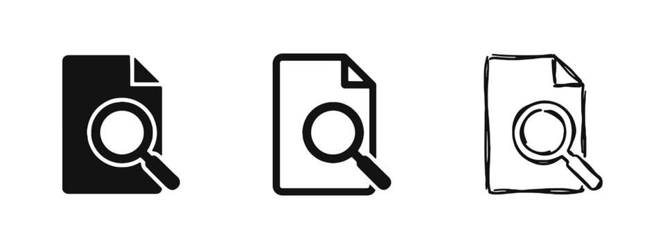 File Search and Document Research Icon Set with Magnifying Glass