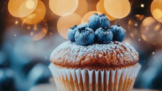 Delicious blueberry muffin with powdered sugar and bokeh lights