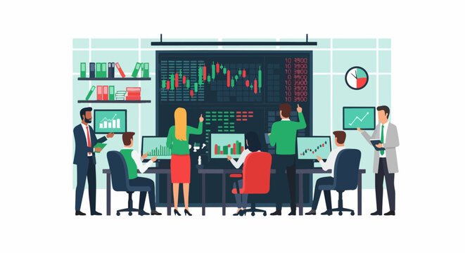 Professional Stock Market Traders and Financial Analysts Working in a Data Control Room with Real-Time Stock Charts and Global Investment Data
