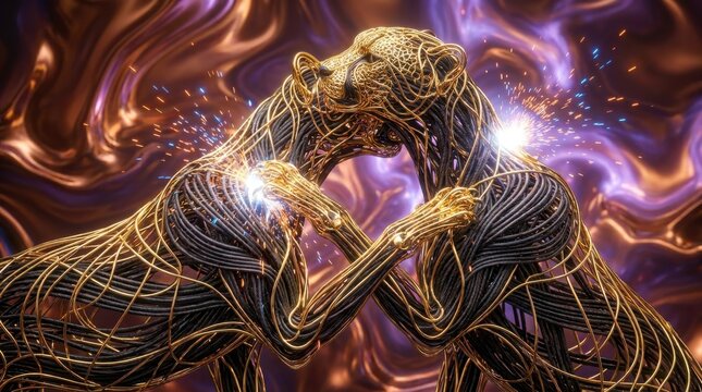 Golden wireframe couple, embracing lovers, futuristic illustration, purple background
