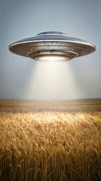 Unidentified flying object hovering over golden wheat field. Metallic saucer-shaped spacecraft emitting bright light beam onto rural landscape. Lockdown shot.